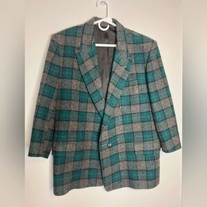 Touché Uomo 100% Wool Blazer Italian Made Size 50 Green Plaid Pattern Teal Green